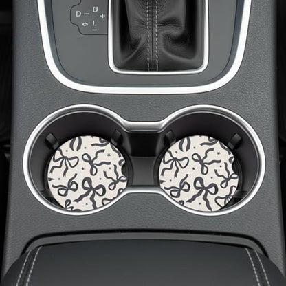 2Pcs Car Coasters for Cup Holders, Black Bow Absorbent Car Cup Coaster