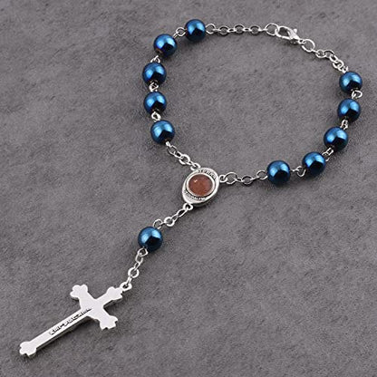 Hematite Beads Auto One Decade Car Rosary Clasp Terra Jerusalem Medal - style: Blue
