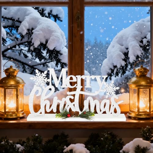 Wooden Christmas Decoration Merry Christmas Tabletop Decor, Snowflake Glitter Shining Xmas Table Sign, Farmhouse Rustic Winter Centerpiece for Home Kitchen Bedroom Tiered Tray Mantel Decor