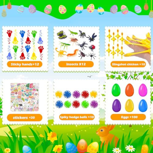 GOAUS Easter Eggs Fillers Party Favors for Kids 220 pcs, Small Toys Prizes with 100 Surprise Eggs for Filling, Goodie Bags Stuffers - style: 220 toys &100 eggs