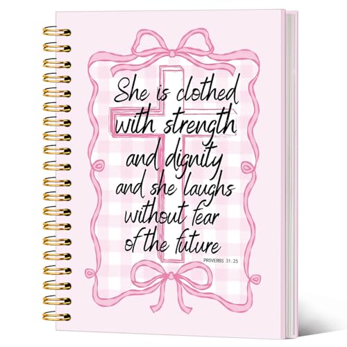 Inspirational Christian Notebook Journal, Coquette Preppy Pink Bow Bible Verse Journal for Women, Pink Girly Office Supplies, Religious Scripture Spiral Notebook 5.5x8.3 Inch - color: Proverbs 31:25-Bow