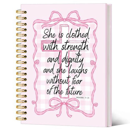 Inspirational Christian Notebook Journal, Coquette Preppy Pink Bow Bible Verse Journal for Women, Pink Girly Office Supplies, Religious Scripture Spiral Notebook 5.5x8.3 Inch - color: Proverbs 31:25-Bow