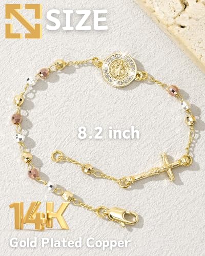 J&H DiaJuvelo Catholic Rosary Bracelet for Women 14K Gold Virgin Mary Rosarios Jesus Cross Charm Link Chain Virgen de Guadalupe Religious Jewelry Gifts for Confirmation Baptism First Communion - style: Gold Rosary D