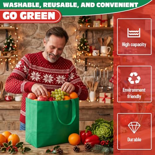 Windyun Reusable Grocery Bags Non Woven with Handles - color: Red Green