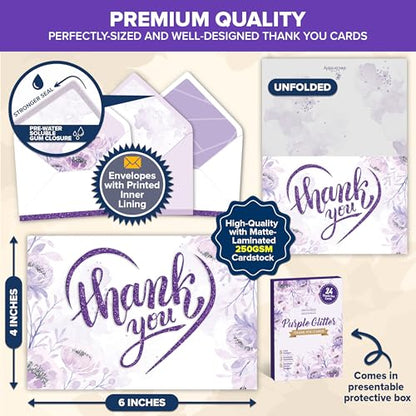 Decorably 24 Pack Glittery 6x4in Purple Thank You Cards with Envelopes - style: Purple