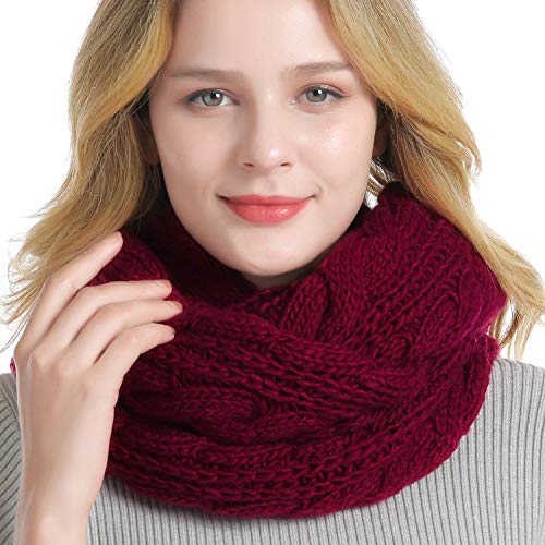 Winter Women Thick Cable Knit Ribbed Infinity Circle Loop Scarf - color: 22- Burgundy Beanie and Scarf Set