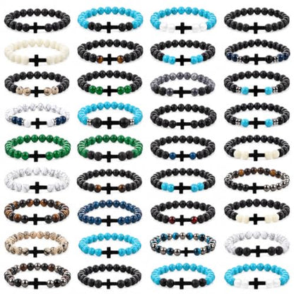 36Pcs Cross Beaded Bracelets, 8mm Natural Stone Bracelet Christian Gifts