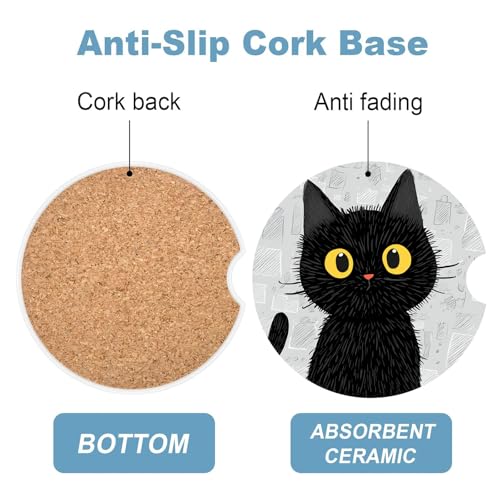 Ceramic Car Cup Holder Coasters Set of 2, 2.56 in Black Cat - color: Black Cat