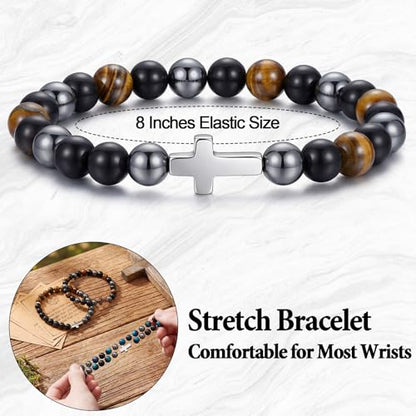 Kingdder 3 Pcs Cross Bracelet Tiger Eye Bracelet for Men 8mm Natural Stone Adjustable Christian Religious Birthday Jewelry - style: Cross