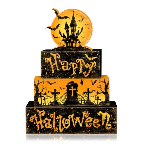Britimes Halloween Rustic Tiered Tray Decor Set, 4 Pack, Wooden Table Sign - style: Haunted House