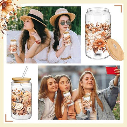 Mumufy 4 Pack Fall Flower Glass Cup, 16 oz Tumbler Mug with Bamboo Lid - style: Fall Flower