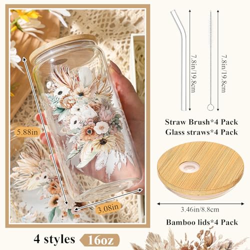 Mumufy 4 Pack Earthy Botanical Glass Cup, 16 oz Tumbler Mug with Bamboo Lid - style: Earthy Botanical