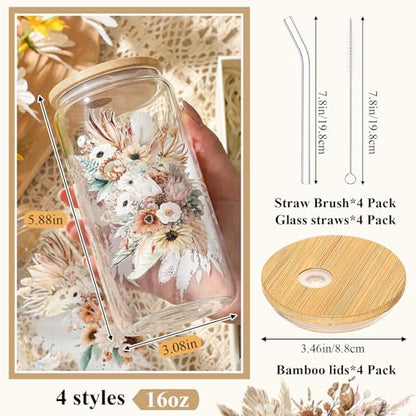 Mumufy 4 Pack Earthy Botanical Glass Cup, 16 oz Tumbler Mug with Bamboo Lid - style: Earthy Botanical