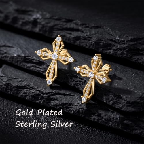 Sterling Silver Dainty Cross Earrings For Women, Christian Religious Faith Cubic Zirconia Stud Earrings - color: 18k Gold