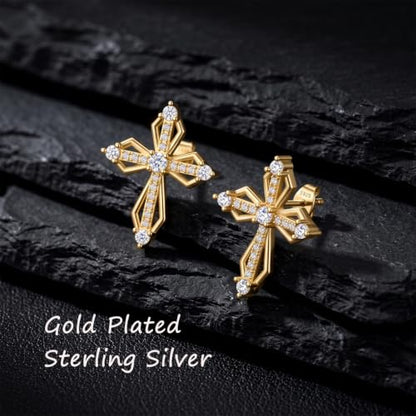 Sterling Silver Dainty Cross Earrings For Women, Christian Religious Faith Cubic Zirconia Stud Earrings - color: 18k Gold