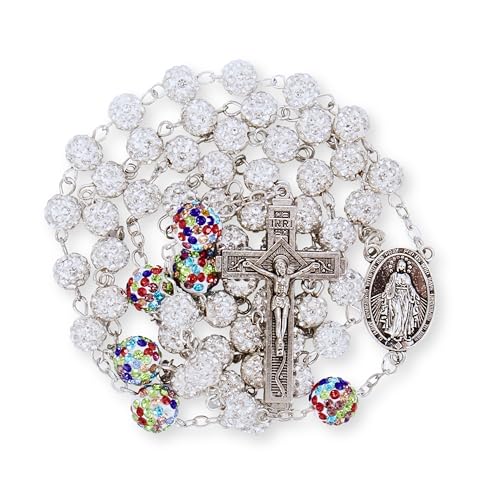 Nazareth Store Rhinestones Crystal Beads Rosary, Catholic Rosary Necklace with Silver Miraculous Medal INRI Crucifix, Multicolor Rosaries in a Gift Case - color: White with Colorful Beads