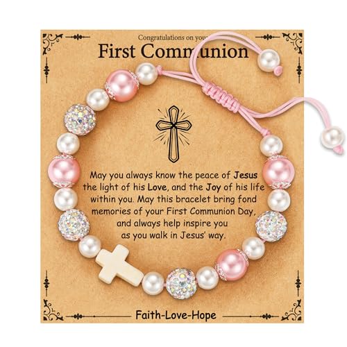 First Communion Confirmation Gifts for Girls, Cross Natural Beads Bracelet Christian Religious Jewelry Gifts for Kids Teen Girls - style: First Communion