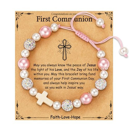First Communion Confirmation Gifts for Girls, Cross Natural Beads Bracelet Christian Religious Jewelry Gifts for Kids Teen Girls - style: First Communion