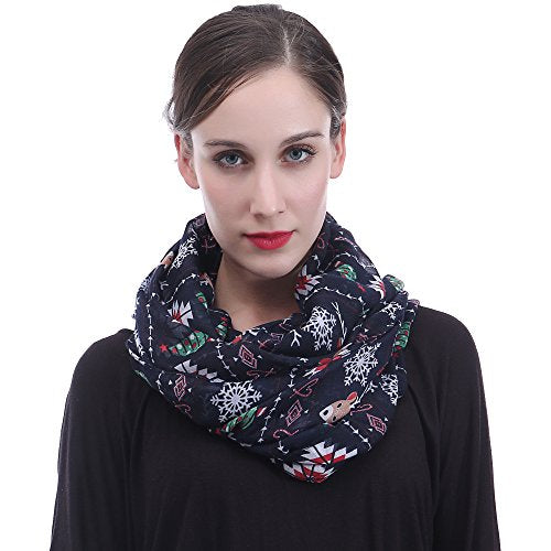 Lina & Lily Holiday Christmas Pattern Print Women's Infinity Scarf Lightweight - color: Navy Blue, Xmas Reindeer