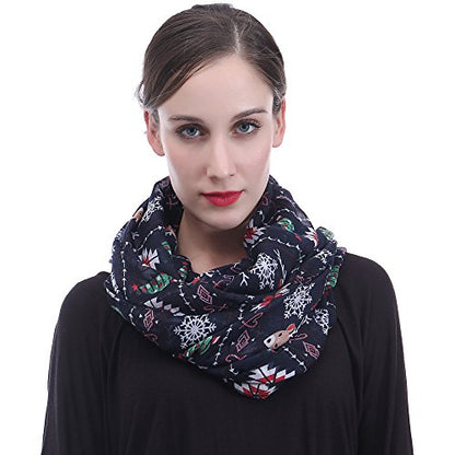 Lina & Lily Holiday Christmas Pattern Print Women's Infinity Scarf Lightweight - color: Navy Blue, Xmas Reindeer