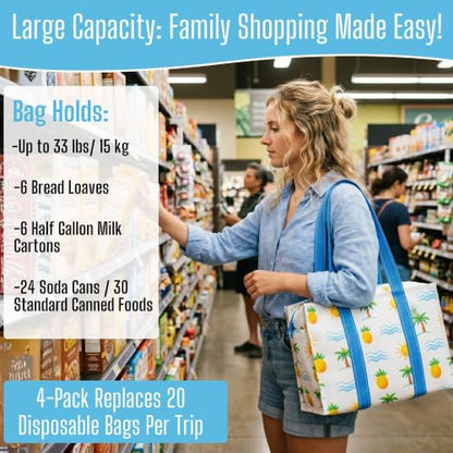 VENO 4 Pack Utility Tote Reusable Grocery Bags with Zipper & Hard Bottom - color: Tropical Island, size: 4 Pack