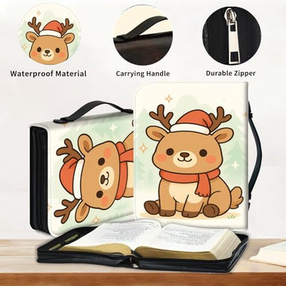 Bible Cover for Women Large PU Leather Zippered Bible Case with Handle and Cute Christmas Reindeer Design, Christian Bible Cover for Girls & Women, Cover Fits Standard 9.5"x7.5"x2.3" Bible - color: Cute Christmas Reindeer