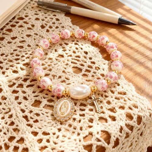 Stretchy Virgin Mary Bracelet with Cross Charm - Multi-Color Pearl Crystal Beaded Catholic Religious Jewelry for Women, Christian Gift for Baptism Confirmation First Communion - color: Pink A