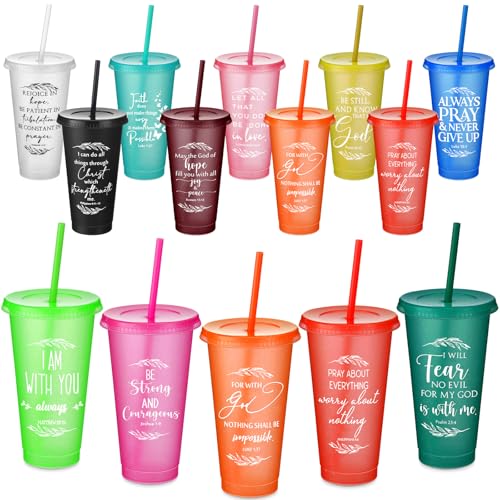 Havawish 12 Christian Tumbler Gift Bulk Religious Inspirational 24 oz Drinking Jesus Cup with Lid Straw Bible Verse Plastic Cup for Grandparents Pastor Clergy Church Sunday School, Colour - color: Colour