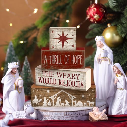 Lineshading 4 Pcs Christmas Table Decorations, Nativity Star Wooden Signs - style: A Thrill of Hope