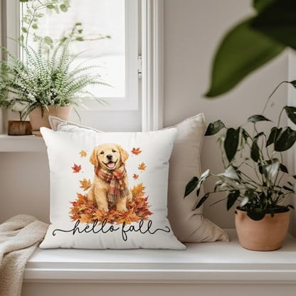 Hello Fall Leaf Golden Retriever Dog Throw Pillow Covers 18x18 - color: Dog
