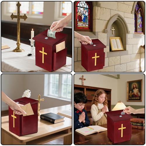 Offering Boxes for Church, Prayer Request Box with Slot and Lock - Wood Gold Cross Collection Fundraising Box Donation Charity Church Tithes - color: Dark Mahogany-1