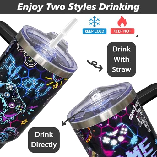 40oz Gamer Tumbler With Handle Lid and Straw,Cool Gamer Gift For Boys/Girls,Video Game Gifts,Gaming Gifts For Men/Women Stainless Steel Insulated Bottle Travel Mug Coffee Cup - color: Gamer 40oz