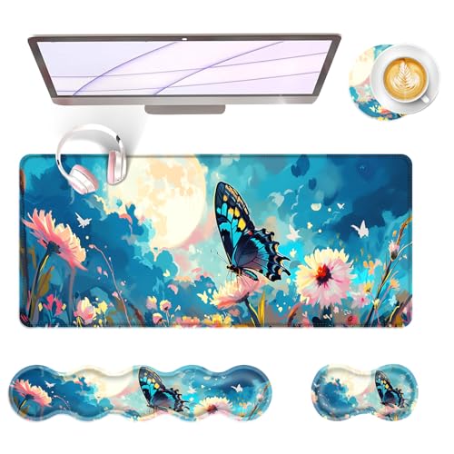 Large Keyboard Mouse Pad Set, Extended Mouse Pad+Keyboard Wrist Rest Support, Memory Foam Ergonomic Easy Typing, 4Pcs (31.5×11.8 in) Desk Pad Set for Office Home,Flowers and Butterflies - color: Flowers and Butterflies