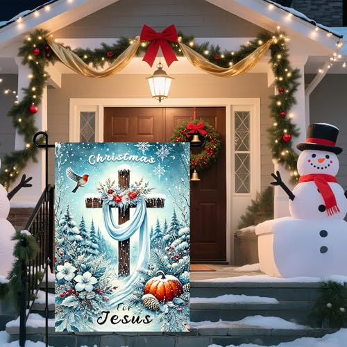 IVN Christmas For Jesus Garden Flag 12x18 Inch Double Sided - color: Snowy Cross Jesus