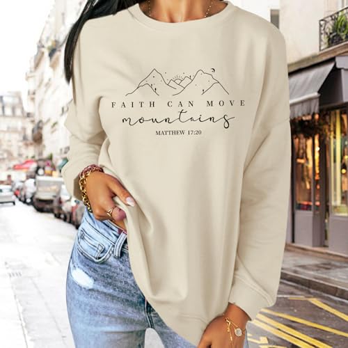 Pairxily Christian Sweatshirts for Women Faith Can Move Mountains Sweatshirt Bible Verse Religious Long Sleeve Crewneck Tops - color: Apricot, size: Large