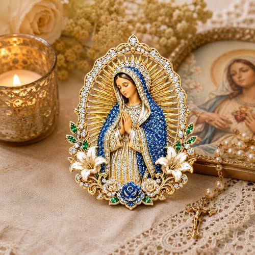 Sacred Heart of Jesus Brooch Pin, Virgin Mary Pin Catholic Sacred Heart Home Altar Church Baptism Religious Inspirational Jewelry Gift - color: Gold Blue Virgin Mary