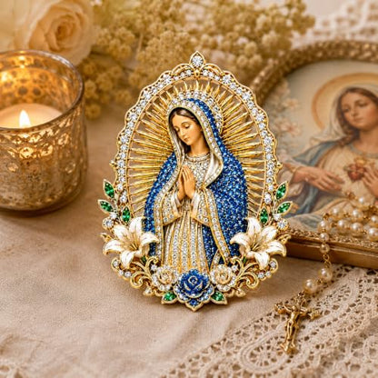 Sacred Heart of Jesus Brooch Pin, Virgin Mary Pin Catholic Sacred Heart Home Altar Church Baptism Religious Inspirational Jewelry Gift - color: Gold Blue Virgin Mary