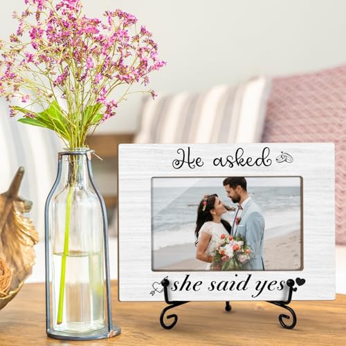 Wedding Gifts Wooden Picture Frames 4x6 - He asked, She said Yes, Engagement Photo Frame With Stand for Engaged Couples, Proposal Picture Frame Display Frame Desk Decor Home Decor (Horizontal) -31 - style: He asked, She said Yes