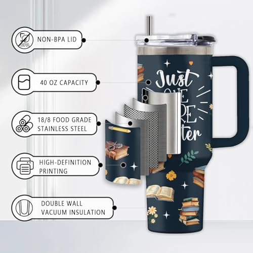 Book Lover 40oz Tumbler, with Handle & Straw, Stainless Steel Cup - color: Chapter