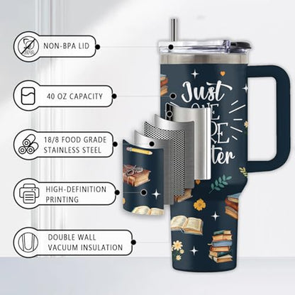 Book Lover 40oz Tumbler, with Handle & Straw, Stainless Steel Cup - color: Chapter