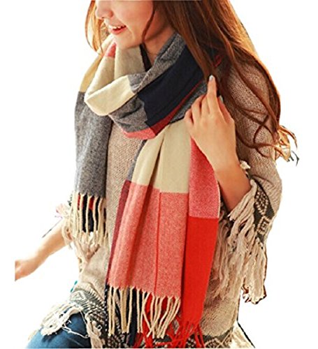 Wander Agio Women's Fashion Long Shawl Big Grid Winter Warm Lattice Large Scarf - color: Orange Red