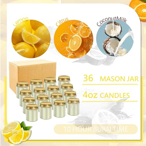 ACITHGL 36 Pcs 4oz Mini Mason Jar Candles Small Scented Candles Bulk Aromatherapy Ideal Souvenir Favors for Wedding Birthday Party (Lemon, Citrus, Coconut Milk, Gold) - color: Gold, style: Lemon, Citrus, Coconut Milk