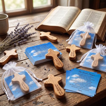Lewtemi Small Wooden Pocket Cross Bulk 2.4" Mini Bible Verse Cross with Prayer Cards Organza Bags Hand Held Engraved Scripture Christian Encouragement Gift for Church Baptism Favors(Belief,24 Set) - style: Belief