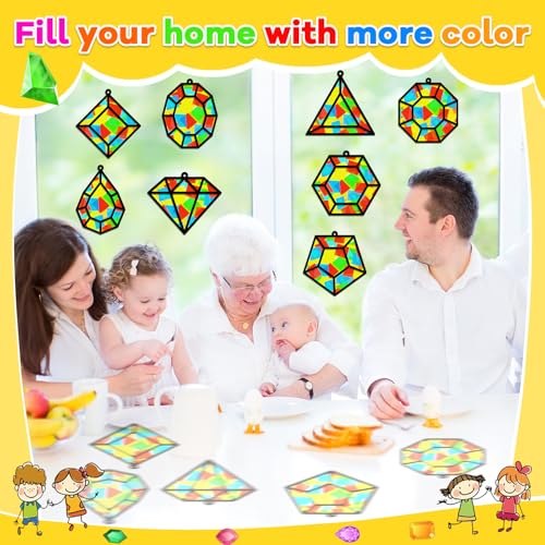 Lonfliness 32Sets Jewel Suncatchers Ornaments Kit DIY Window Stained Glass Effect Paper for Sun Catchers Craft Home Decor Creative Art Projects Activity Birthday Gift - style: Diamond