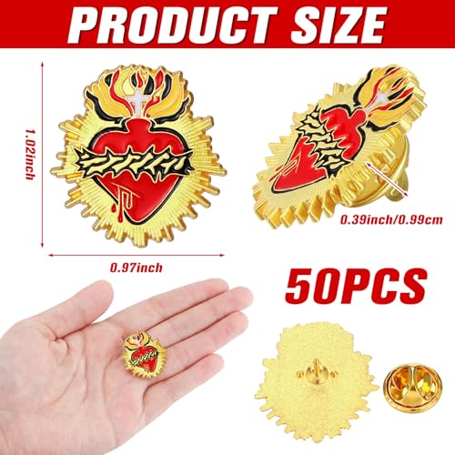 Juexica 50 Pcs Religious Sacred Heart of Jesus Pins Bulk Christian Favors Cross Enamel Lapel Brooch Red Heart Pins for Clergy Appreciation Gift Church Funeral Sunday School - style: Sacred