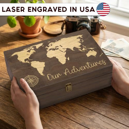 Our Adventure Engraved Wooden Keepsake Box, Memory Storage Box with Inside Engraving, Wooden Treasure Box for Travel Memories, Photos, Souvenirs, Couples & Special Moments, X-Large 14.15 x 9.5 x 4.5" - size: X-Large, style: Adventures