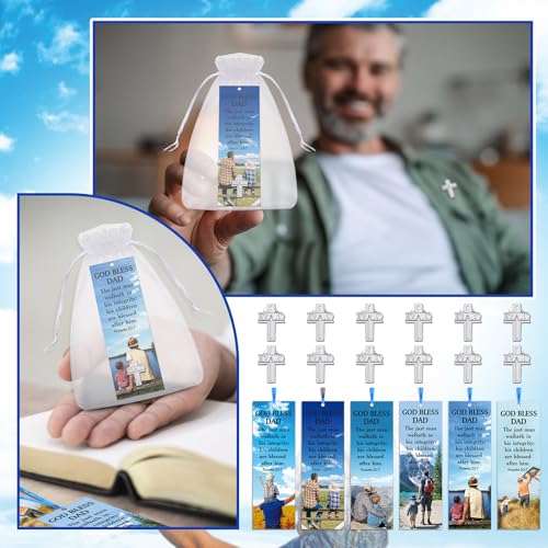 Supervitae 24 Pcs/ 12 Sets Father's Day Bookmark Gifts Bulk God Bless Dad Lapel Pin with Bookmark Gift Set, Include 12 Proverbs 20: 7 Christian Bookmarks 12 Cross Dad Pin for Religious Church Prizes - style: God Bless Dad
