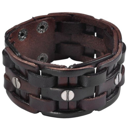 Zysta Cool Punk Rocker Wide Cuff Wristband Bracelet Mens Gothic Biker Braided Style Genuine Leather Bangle 8.5"-9" Adjustable Black/Brown - color: Brown