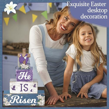 4 Pcs Easter Table Decorations He Is Risen Wooden Table Sign Religious Wood Centerpiece Easter Cross Blocks Farmhouse Tiered Tray Decor for Home Kitchen Shelf Decor(Cross) - style: Cross