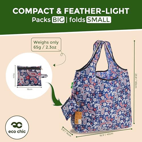 ECO CHIC Foldable Reusable Large Grocery Bags - Foldable Grocery Bags - Lightweight, Recycled & Reusable Shopping Bag - Waterproof, Packable Tote Fitting in Fine Grocery Bag Carrier - color: Paisley